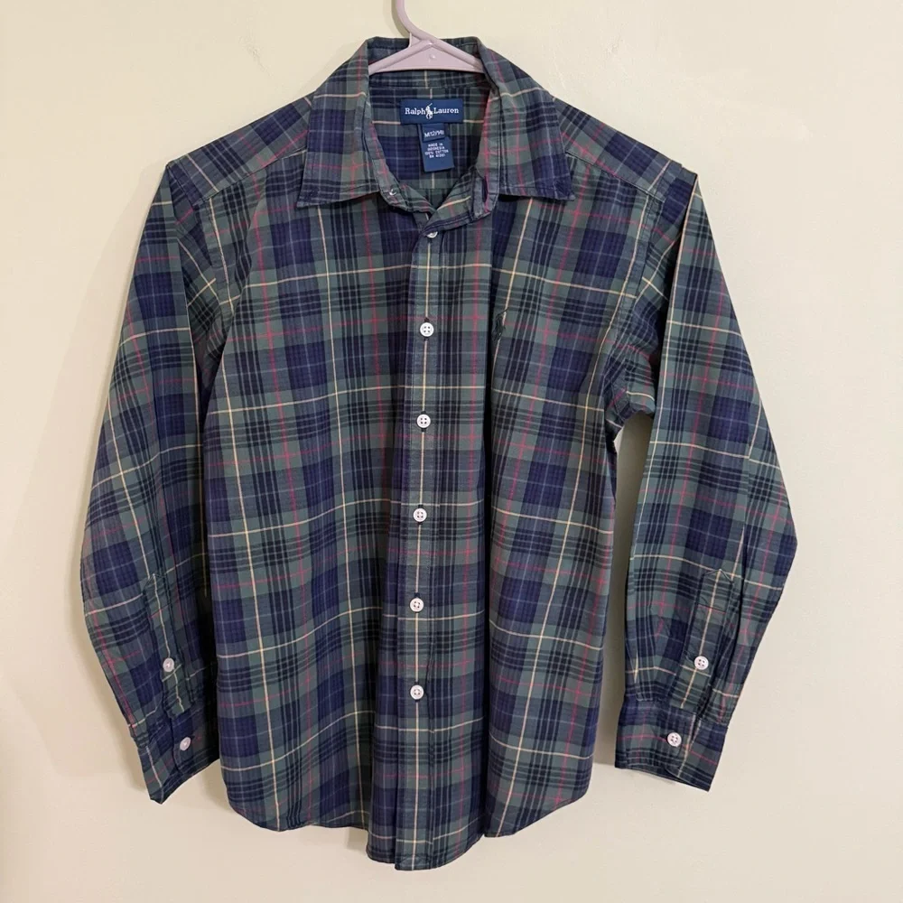 Ralph Lauren boys Plaid dress Shirt - Green and Blue cotton size‎ medium 12-14